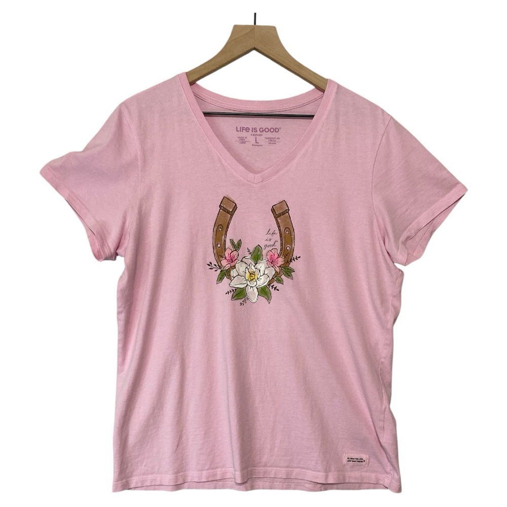 Life‎ is Good Floral Horseshoe Crusher Tee Size L Pink Positive Vibes Girly